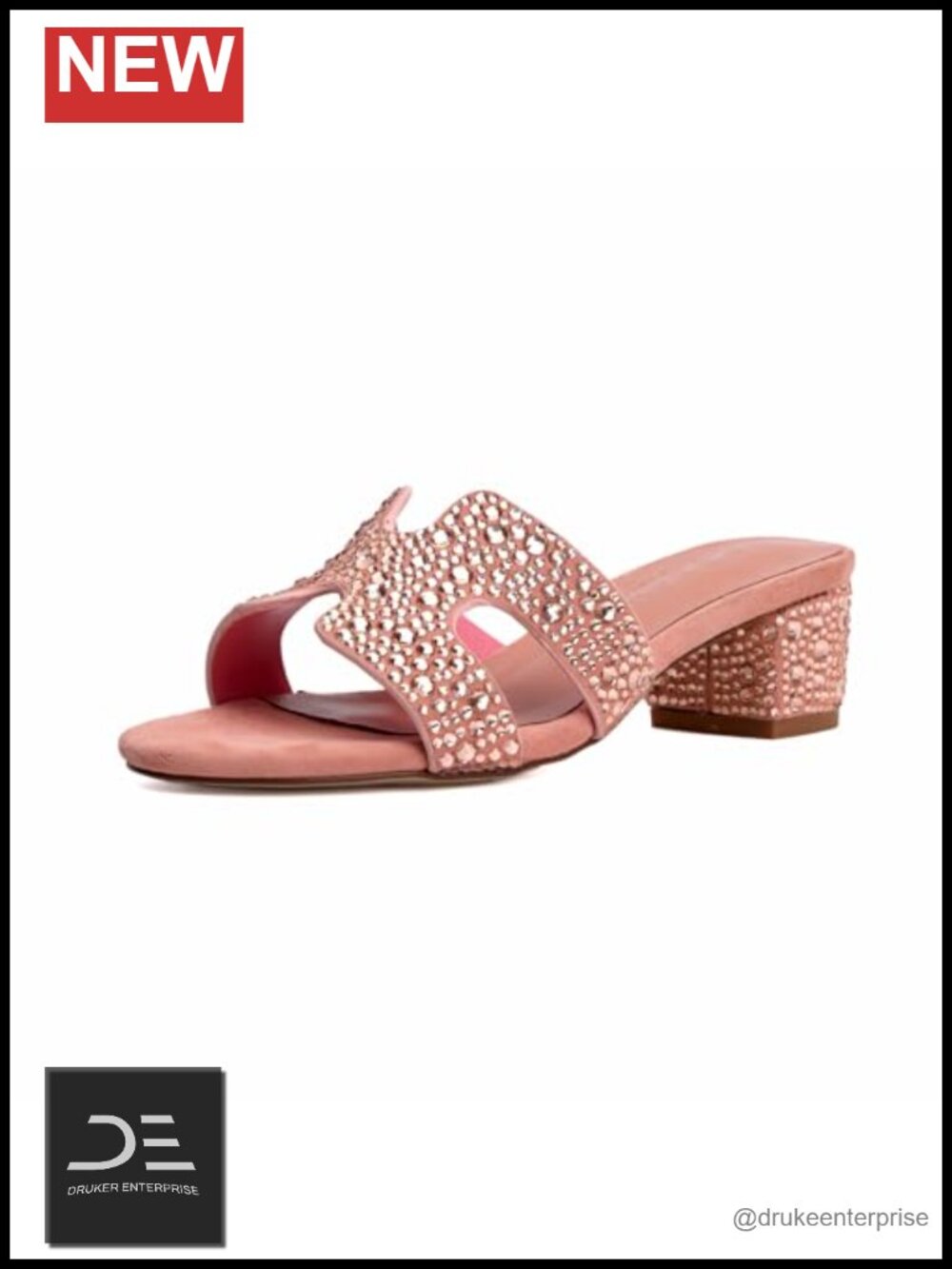Rhinestone Block Heel Sandals for Women Suede Evening Party Shoes Slip On